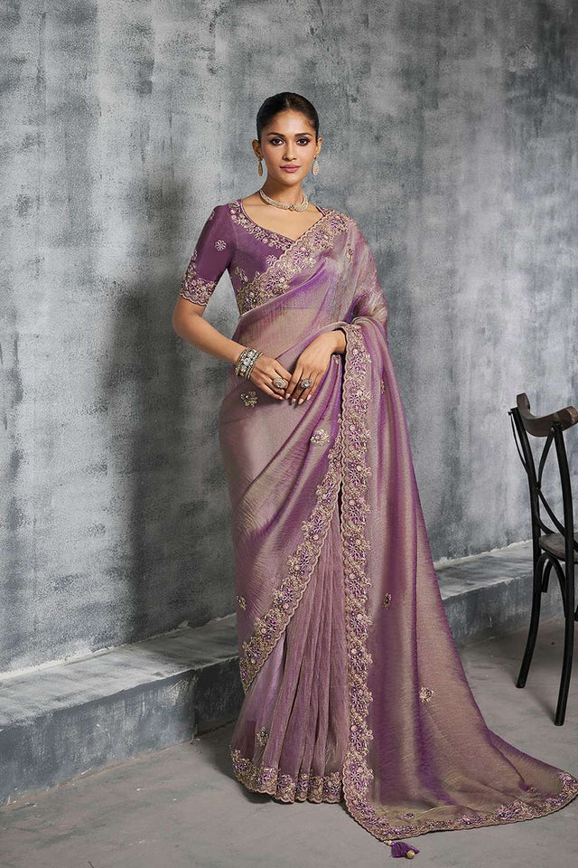 Violet Floral Embroidered Tissue Saree