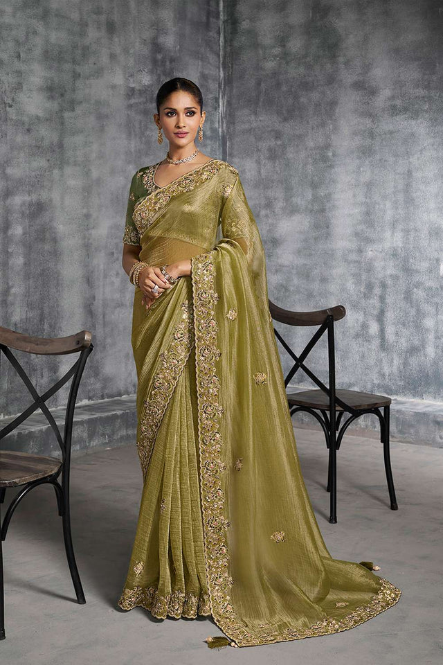 Mehendi Floral Embroidered Tissue Saree