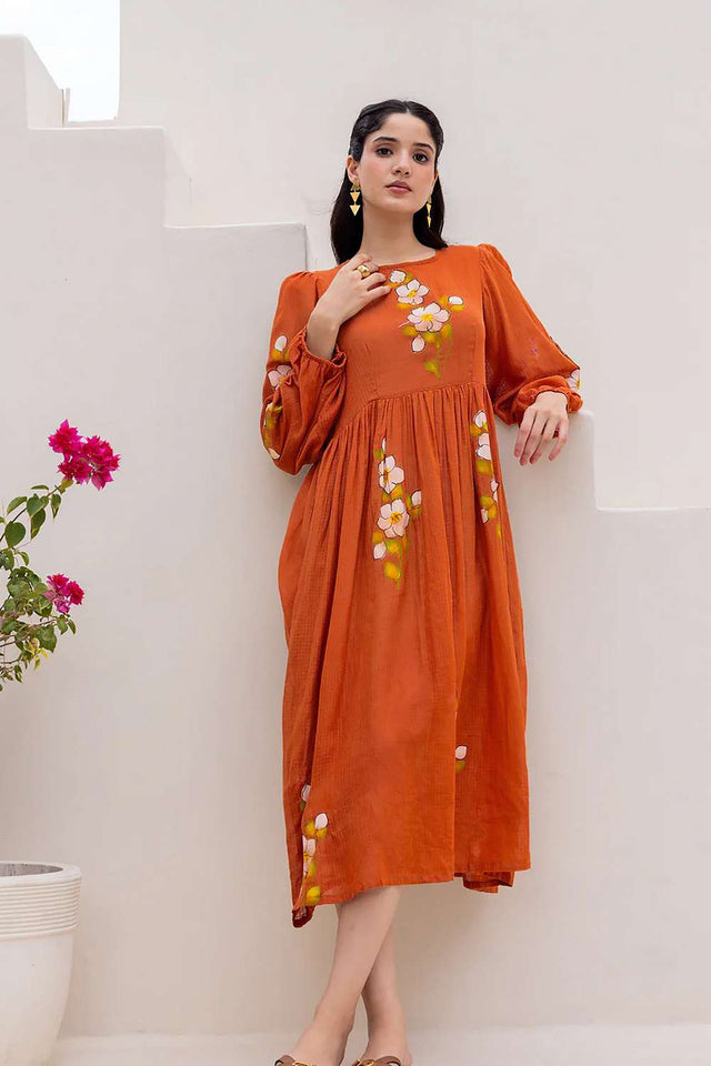 Orange Floral Printed Dresses
