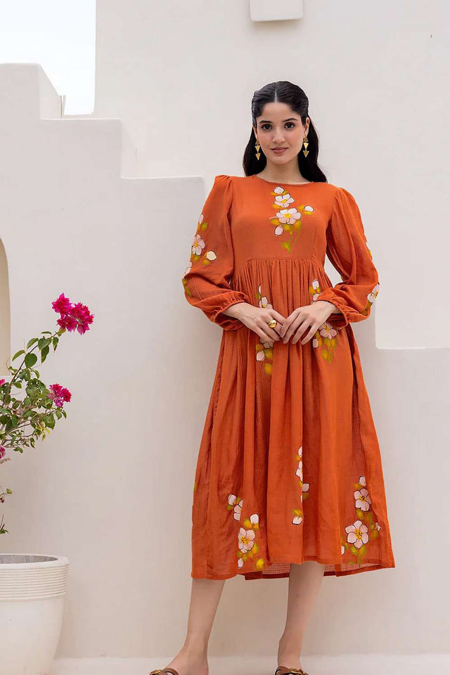 Orange Floral Printed Dresses