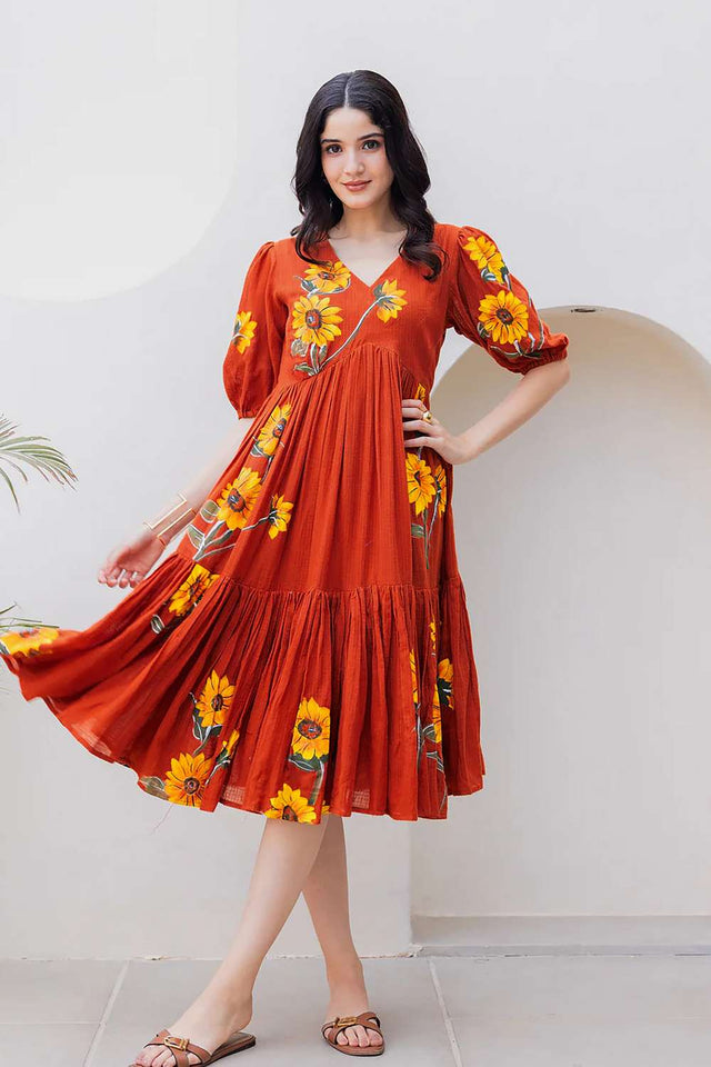Rust Floral Printed Dresses