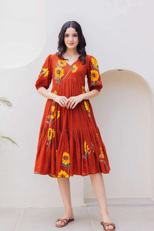 Rust Floral Printed Dresses