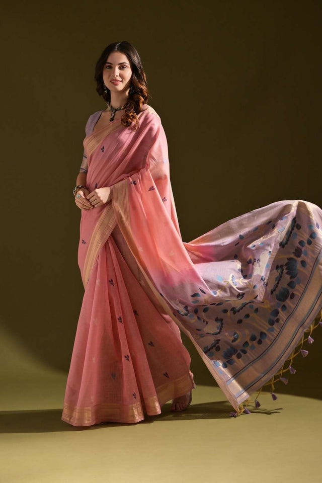 Pink Woven Cotton Saree