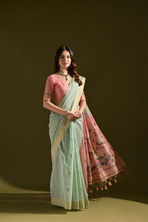 Sea Green Woven Cotton Saree