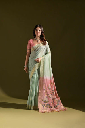Sea Green Woven Cotton Saree