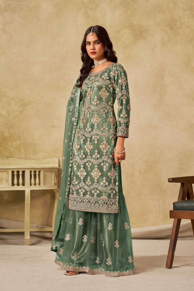 Green Floral Sequin Net Palazzo Suit Set