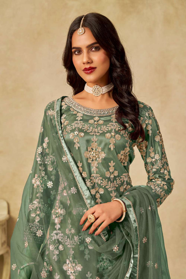 Green Floral Sequin Net Palazzo Suit Set
