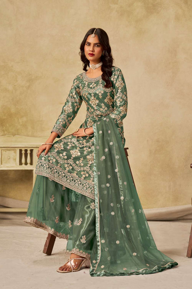Green Floral Sequin Net Palazzo Suit Set