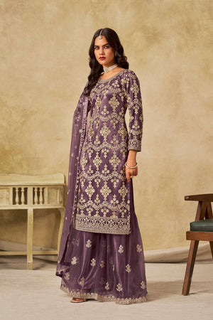 Lavender Floral Sequin Net Palazzo Suit Set