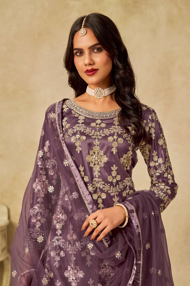 Lavender Floral Sequin Net Palazzo Suit Set