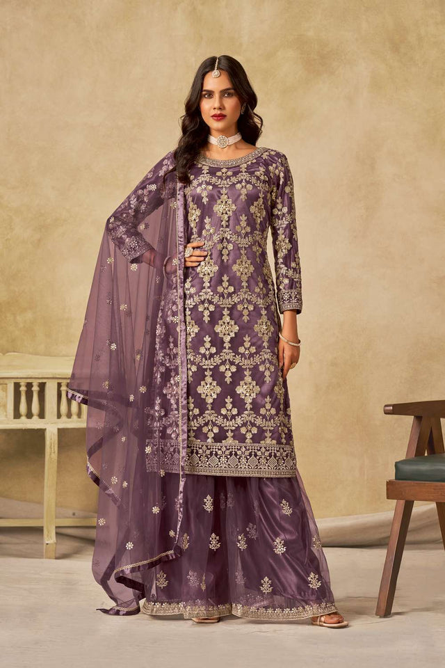 Lavender Floral Sequin Net Palazzo Suit Set