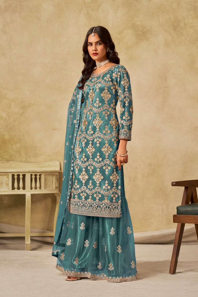 Sea Green Floral Sequin Net Palazzo Suit Set