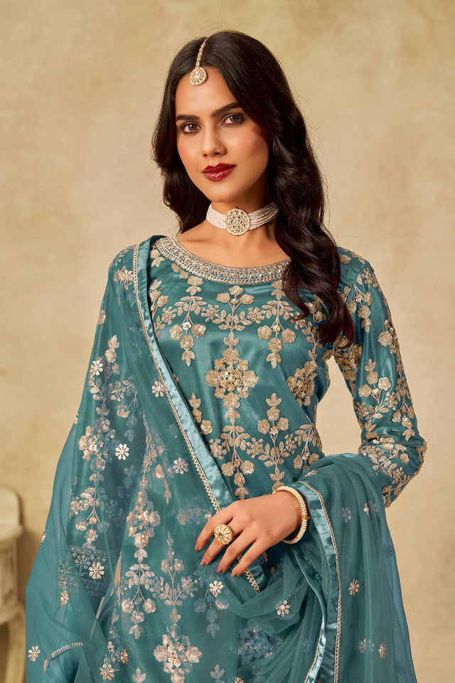 Sea Green Floral Sequin Net Palazzo Suit Set
