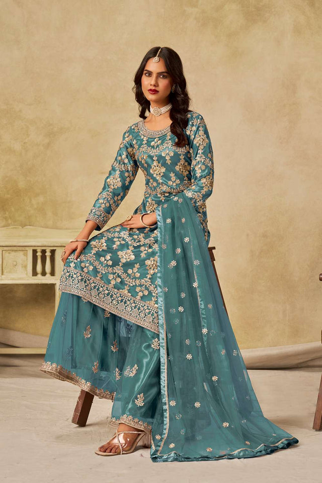 Sea Green Floral Sequin Net Palazzo Suit Set