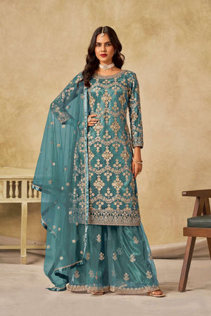 Sea Green Floral Sequin Net Palazzo Suit Set