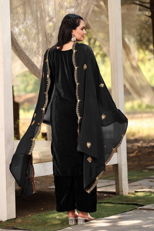 Black Sequin Velvet Straight Cut Suit Set