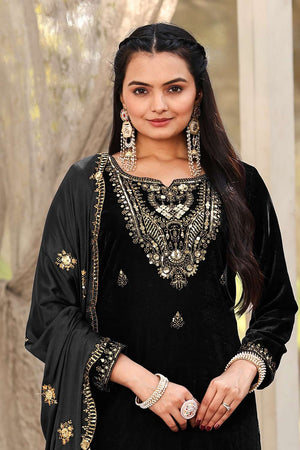 Black Sequin Velvet Straight Cut Suit Set