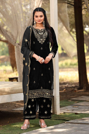 Black Sequin Velvet Straight Cut Suit Set