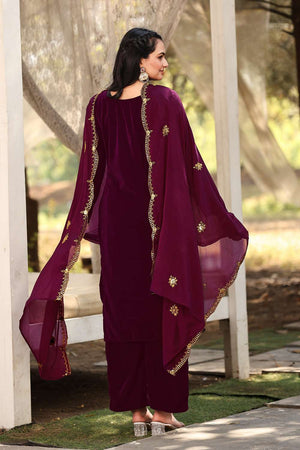 Wine Sequin Velvet Straight Cut Suit Set