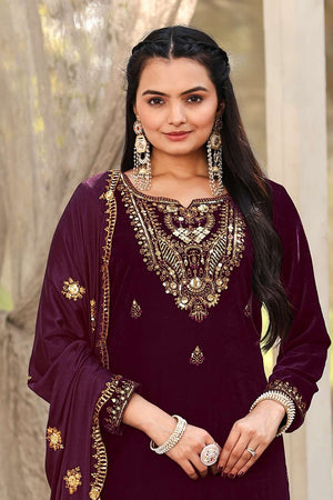 Wine Sequin Velvet Straight Cut Suit Set