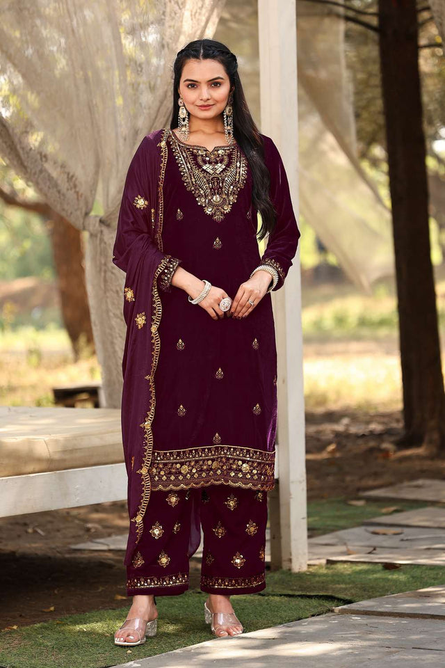 Wine Sequin Velvet Straight Cut Suit Set