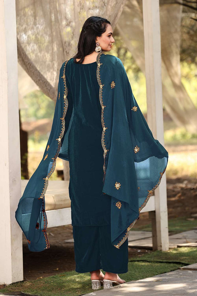 Turquoise Sequin Velvet Straight Cut Suit Set (ACA2219)