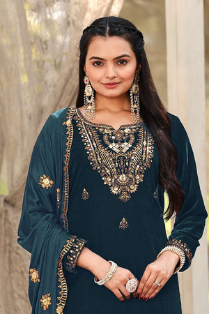 Turquoise Sequin Velvet Straight Cut Suit Set (ACA2219)