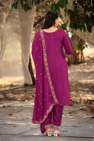 Purple Woven with Sequin Jacquard Straight Cut Suit Set