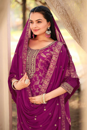 Purple Woven with Sequin Jacquard Straight Cut Suit Set