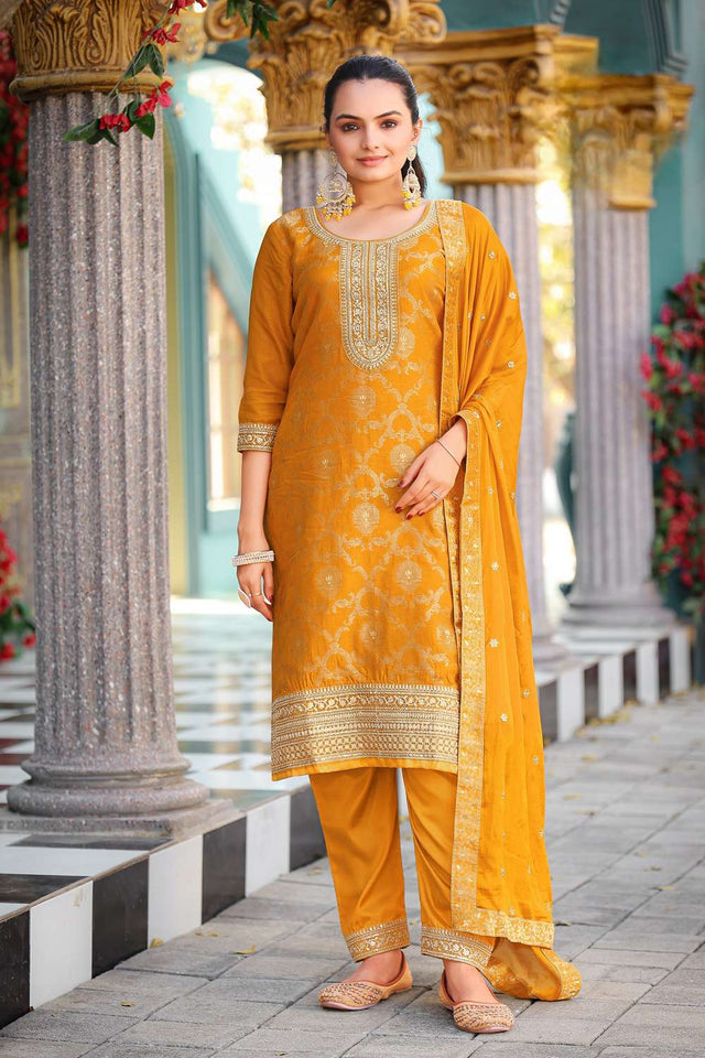 Yellow Woven with Sequin Jacquard Straight Cut Suit Set