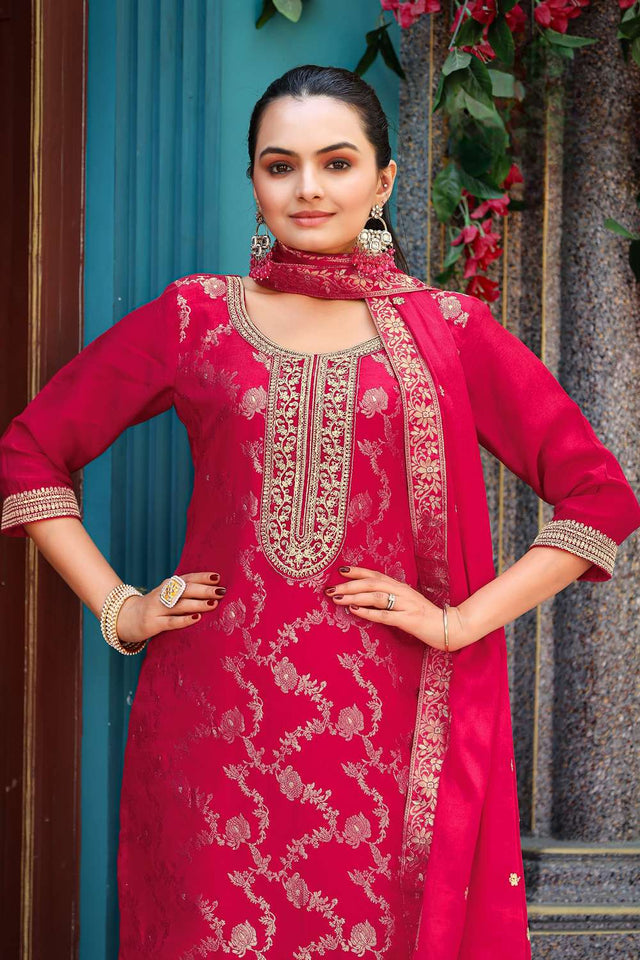 Pink Woven with Sequin Jacquard Straight Cut Suit Set