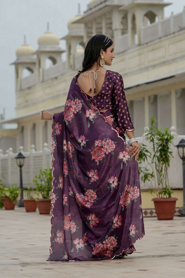 Purple Floral Printed Chinon Ready to Wear Saree