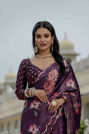 Purple Floral Printed Chinon Ready to Wear Saree