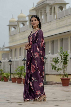 Purple Floral Printed Chinon Ready to Wear Saree