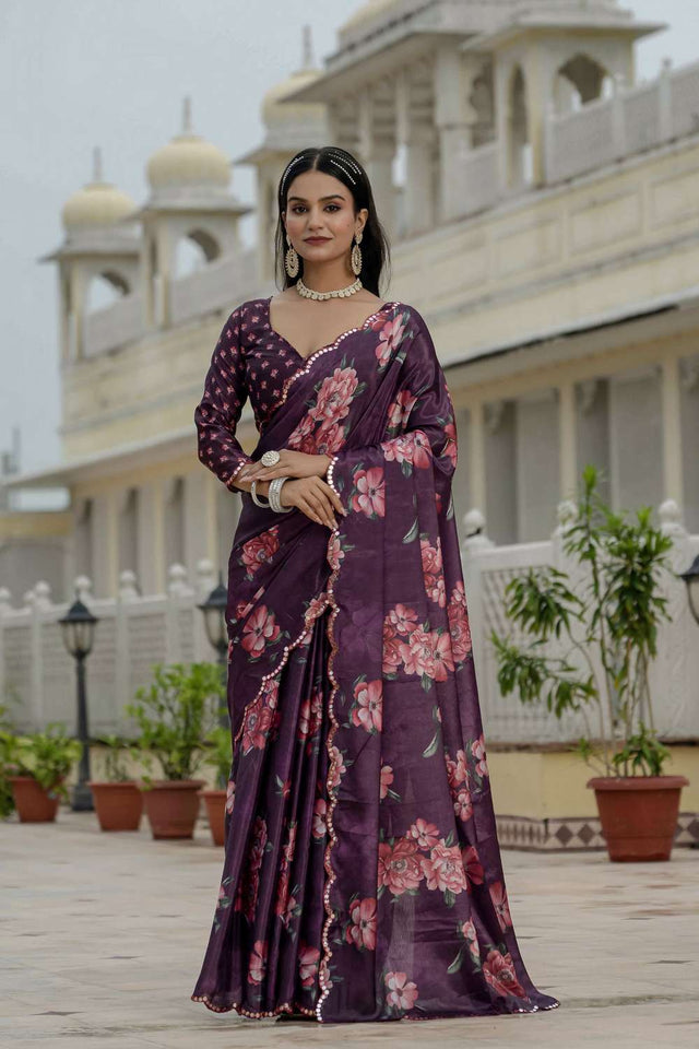 Purple Floral Printed Chinon Ready to Wear Saree