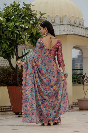 Multi Color Floral Printed Chinon Ready to Wear Saree