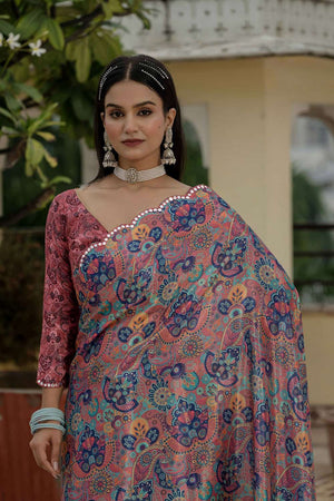 Multi Color Floral Printed Chinon Ready to Wear Saree