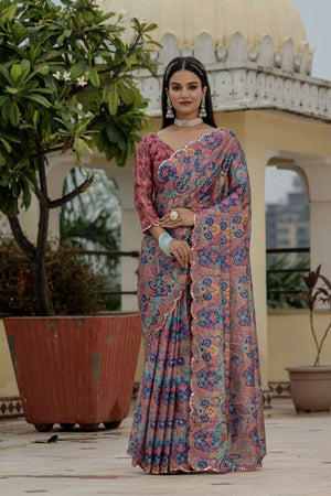Multi Color Floral Printed Chinon Ready to Wear Saree