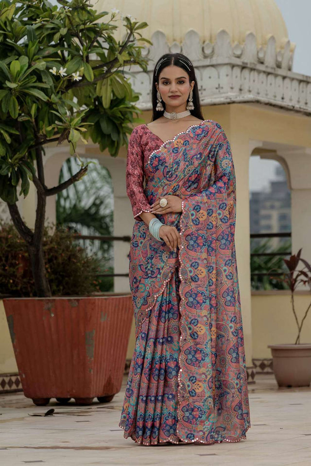 Multi Color Floral Printed Chinon Ready to Wear Saree