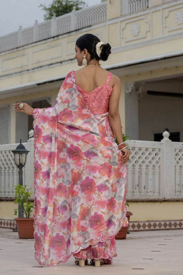 Multi Color Floral Printed Chinon Ready to Wear Saree