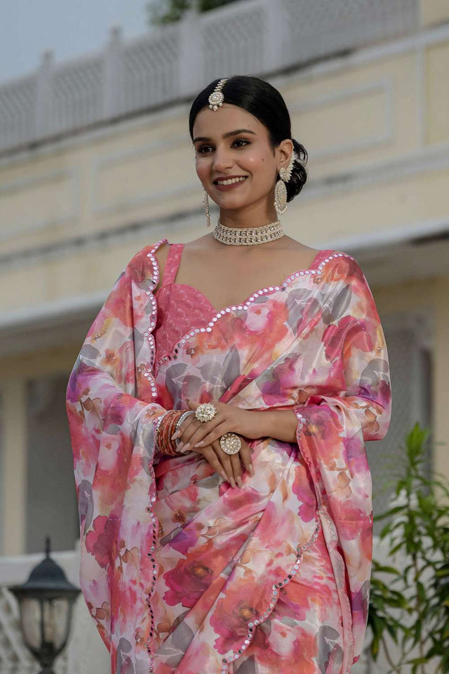 Multi Color Floral Printed Chinon Ready to Wear Saree