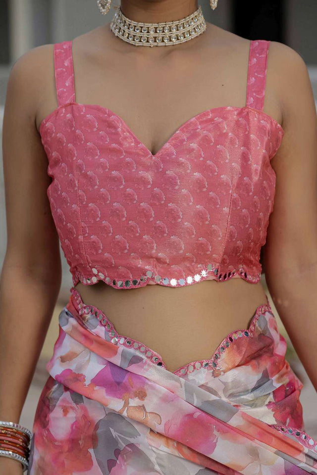 Multi Color Floral Printed Chinon Ready to Wear Saree