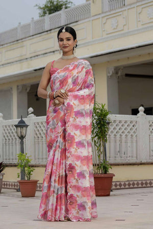 Multi Color Floral Printed Chinon Ready to Wear Saree