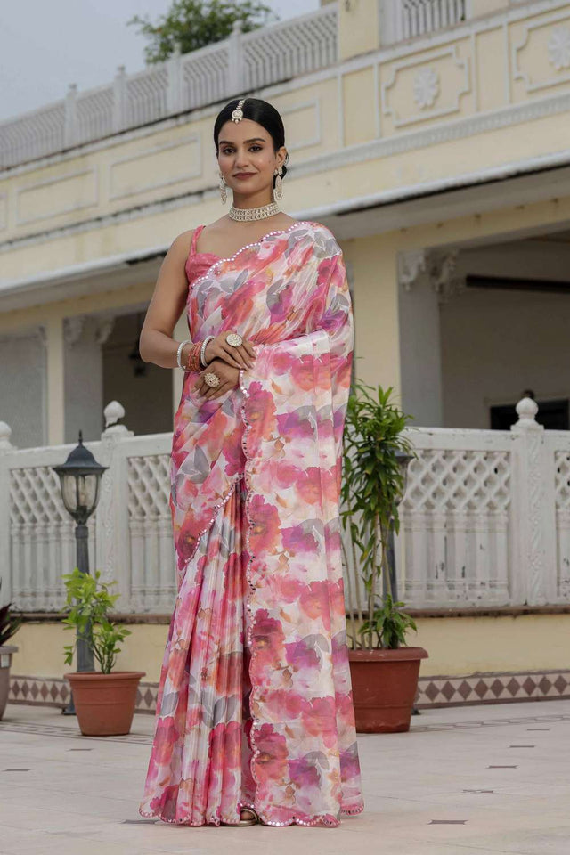 Multi Color Floral Printed Chinon Ready to Wear Saree
