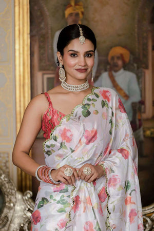 White Floral Printed Chinon Ready to Wear Saree