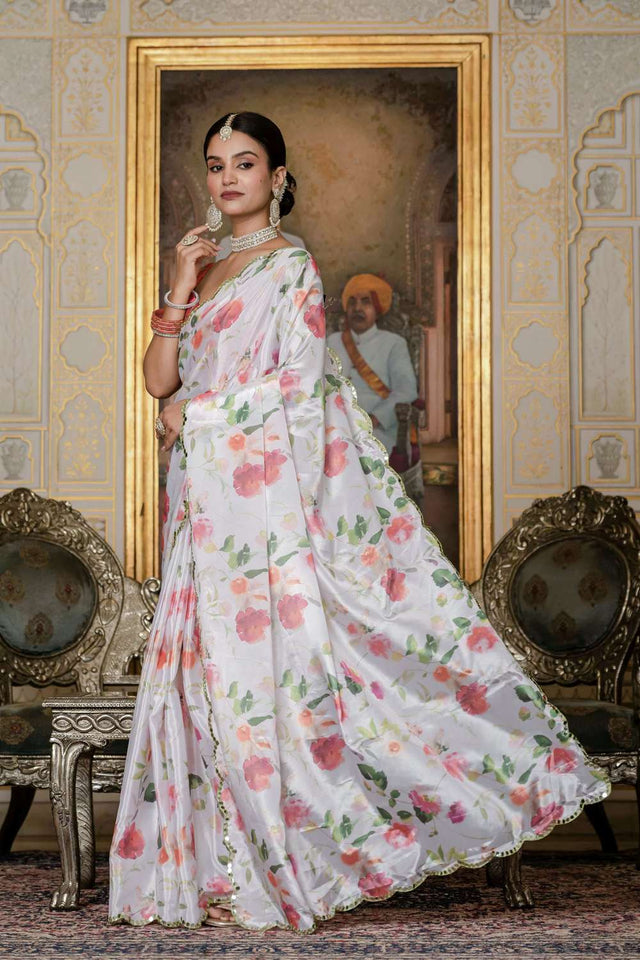 White Floral Printed Chinon Ready to Wear Saree