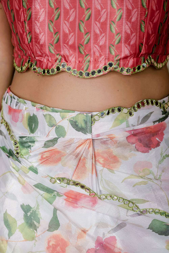 White Floral Printed Chinon Ready to Wear Saree