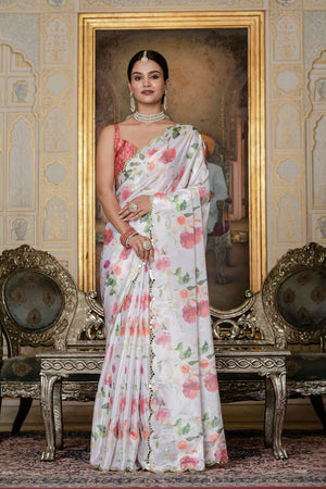 White Floral Printed Chinon Ready to Wear Saree