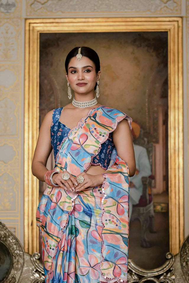 Multi Color Floral Printed Chinon Ready to Wear Saree