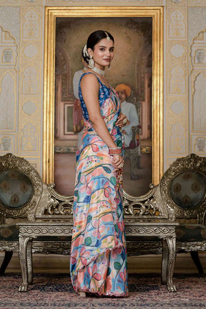 Multi Color Floral Printed Chinon Ready to Wear Saree